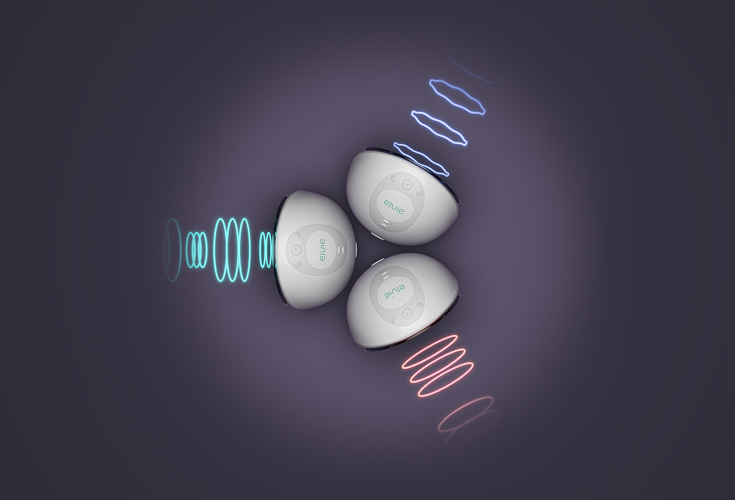 Three Elvie pumps, placed facing each other to form a triangle. They are photographed from above on a dark purple background with a circular glow around the pumps. Neon rings appear to be emitting from each pump to symbolise the different pumping rhythms