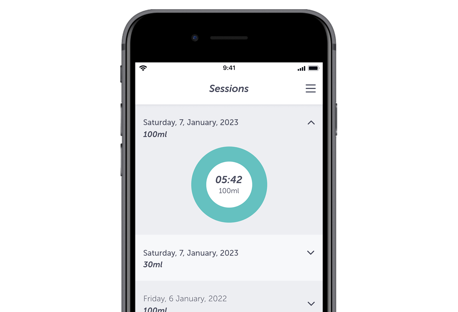 Pump with Elvie screen displayed on a phone, showing their session history