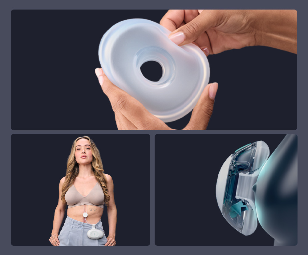 Soft silicone breast-shield  Woman wearing pump in-bra  Profile of pump on breast